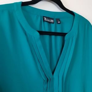 NY&Co V Neck Pleated Front Bubble Hem Blouse